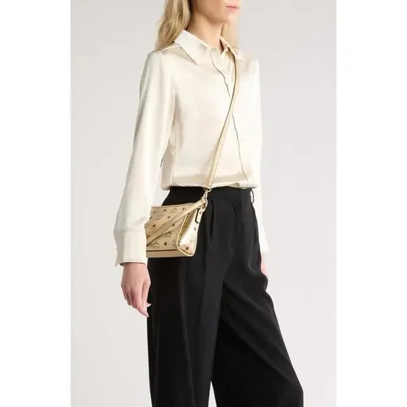 BNWT MCM Aren Visetos Shoulder Bag Gold - Picture 2 of 5